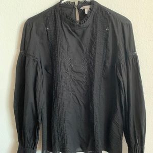 Black Embroidered Cotton Blouse High Neck